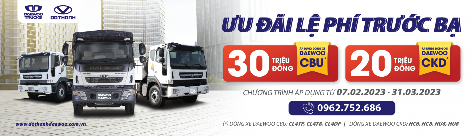 Chương trình ưu đãi lệ phí trước bạ khi mua xe tải Daewoo - Đô Thành