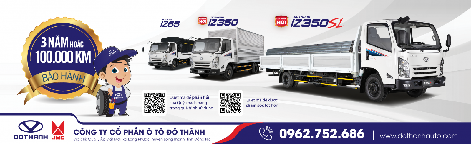 Thời hạn bảo hành xe tải Đô Thành IZ được quy định 3 Năm hoặc 100.000Km