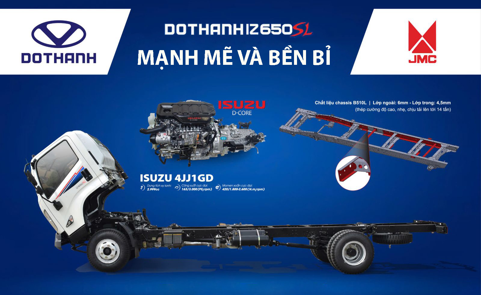 Xe tải 7 tấn DOTHANH IZ650SL trang bị động cơ ISUZU D-Core và chassis 2 lớp