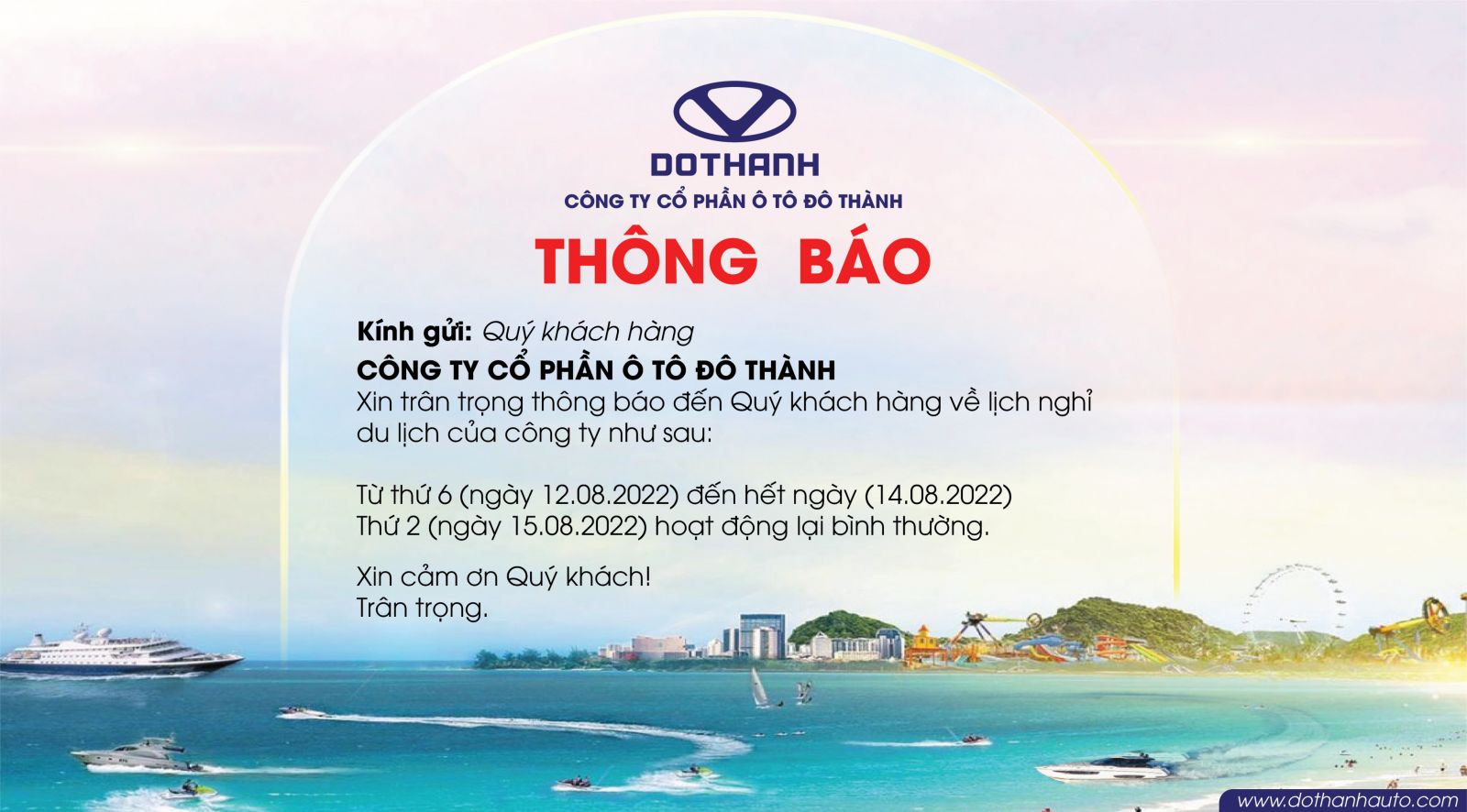 DoThanh Auto thông báo lịch nghỉ du lịch Teambuilding 2022