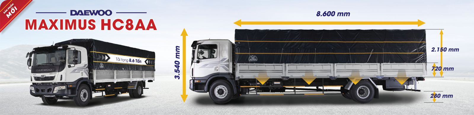 Xe Daewoo HC8AA tải trọng 8.6 tấn. Kích thước lòng thùng dài 8.6m, rộng 2.36m, hông xe có thể gập xuống.